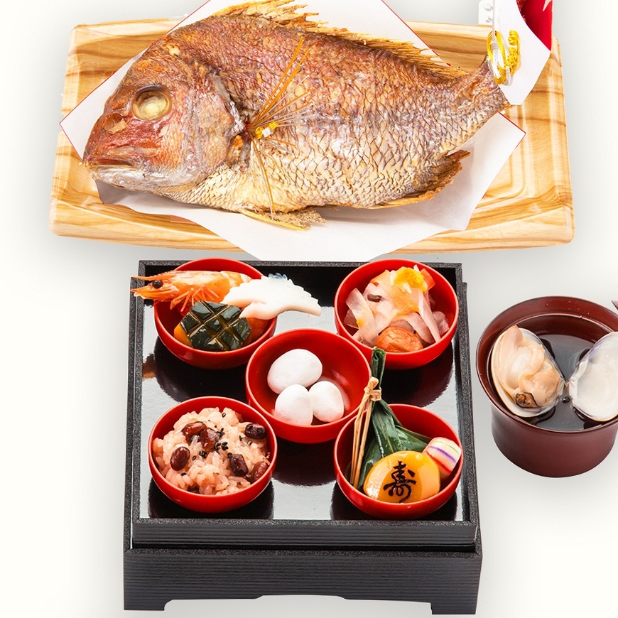 通信販売）お食い初め料理セット【新商品】めばえ膳／めばえぜん│使い捨て容器付き｜鯛のサイズ変更可能｜★北海道・沖縄を除く送料無料★