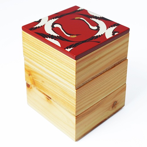 Njeco汎鶴蒔絵ミニ三段重箱（赤）｜漆器の島安【うるわしうるし