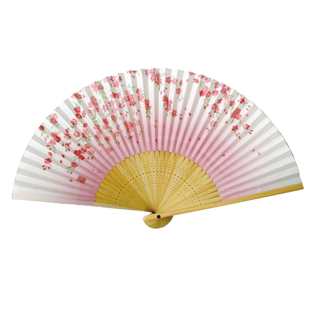 婦人紙扇子 白竹 しだれ桜 扇子箱付