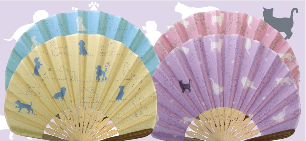 婦人布扇子 犬と猫（蛤型） 松寿庵 扇子箱付-商品画像