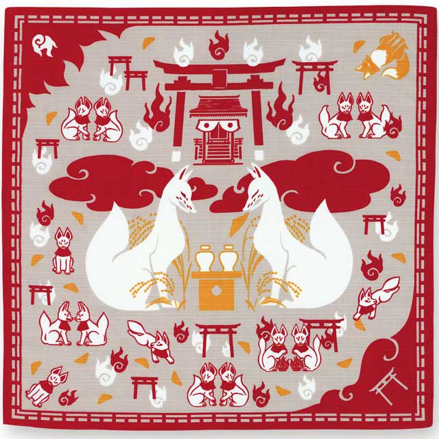 手捻染 小風呂敷 百千狐稲荷 日本製-商品画像