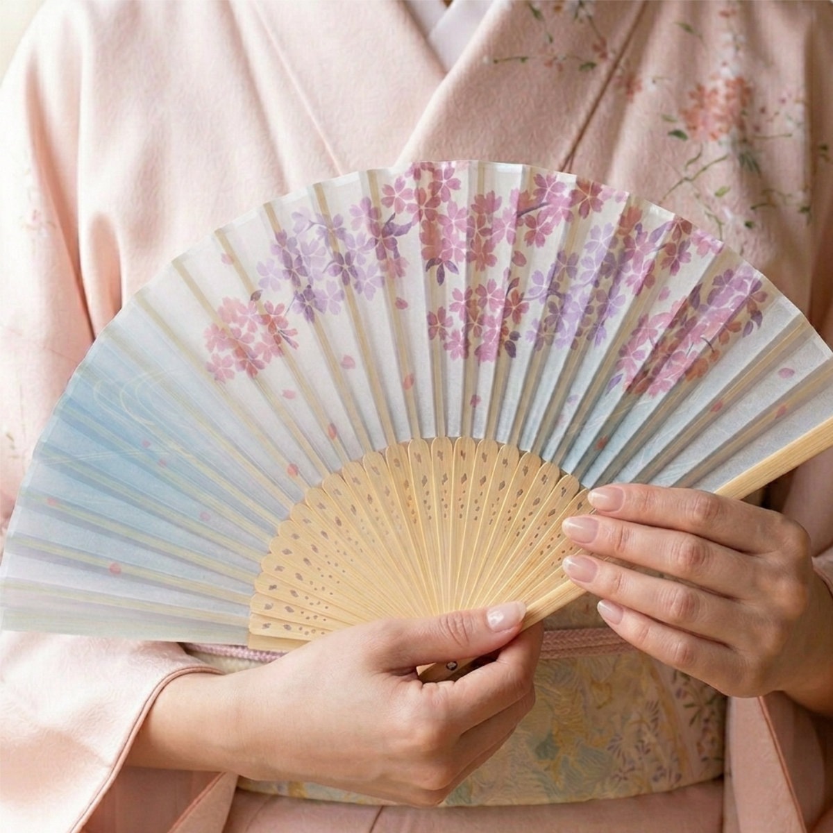 婦人布扇子 枝桜 松寿庵 扇子箱付-商品画像