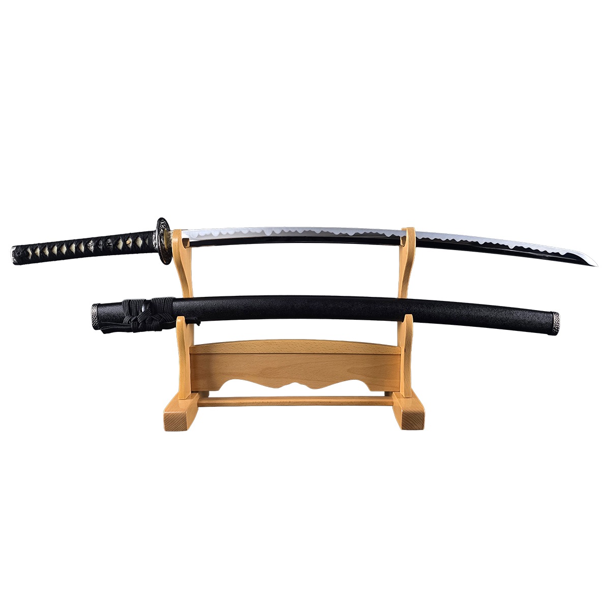 P930 ​【迫力】模造刀 居合刀 大小2本セット 黒石目 樋入り コスプレ Amazon | 【模造刀】【居合刀】大小刀黒石目塗鞘 漆黒塗木台刀掛セット