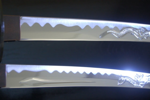 彫金 竜黒 大刀 小刀セット 刀身竜彫 模造刀-商品画像