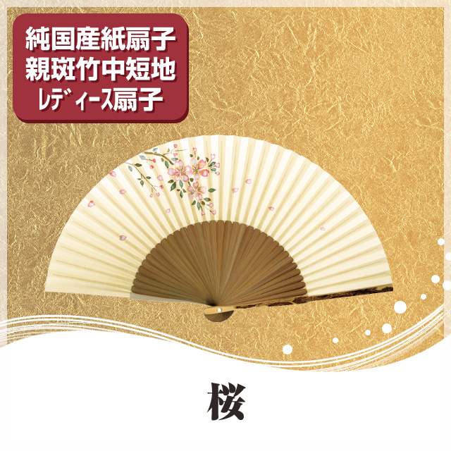 婦人紙扇子 親斑竹中短地手描絵 桜 扇子桐箱付 純国産 京扇子-商品画像
