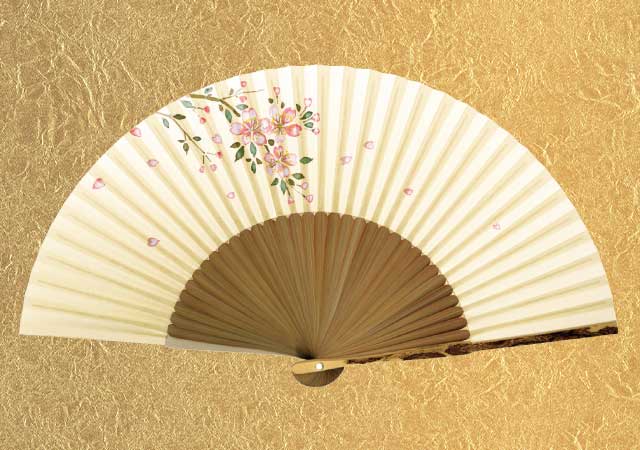 婦人紙扇子 親斑竹中短地手描絵 桜 扇子桐箱付 純国産 京扇子-商品画像