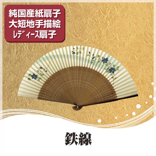 婦人紙扇子 大短地手描絵 鉄線 扇子桐箱付 純国産 京扇子-商品画像