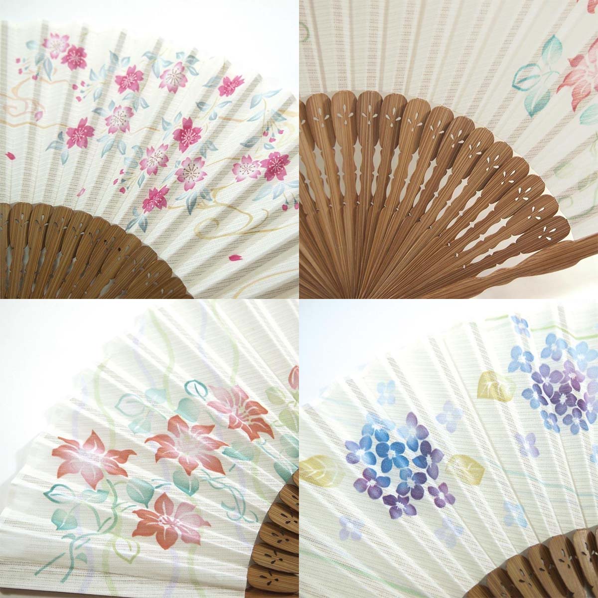 婦人布扇子 あわいろ和花 桜 鉄線 紫陽花　扇子箱付　-商品画像