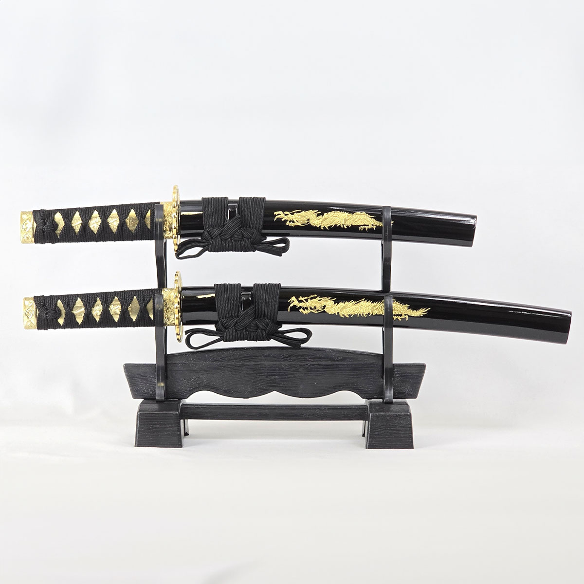 ミニミニ竜３点セット 彫金 黒 刀掛台付 刀身竜彫 模造刀-商品画像