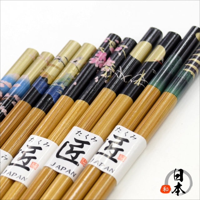 すべらない箸 風景絵箸5膳セット 天然竹-商品画像