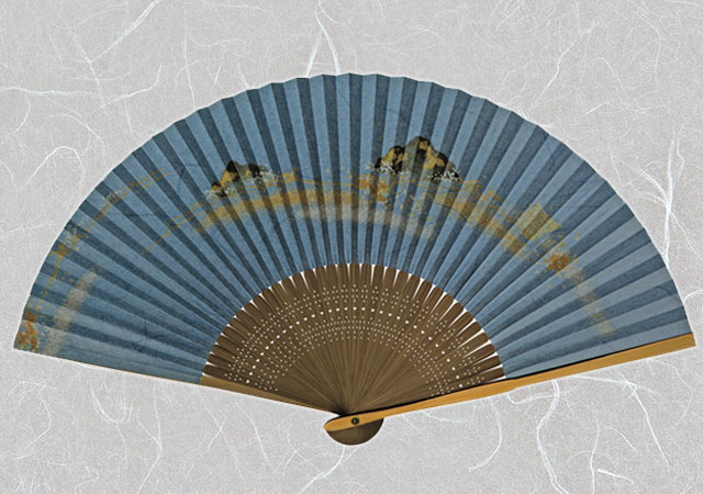紳士紙扇子 脇塗 紺地 波岩 扇子箱付-商品画像