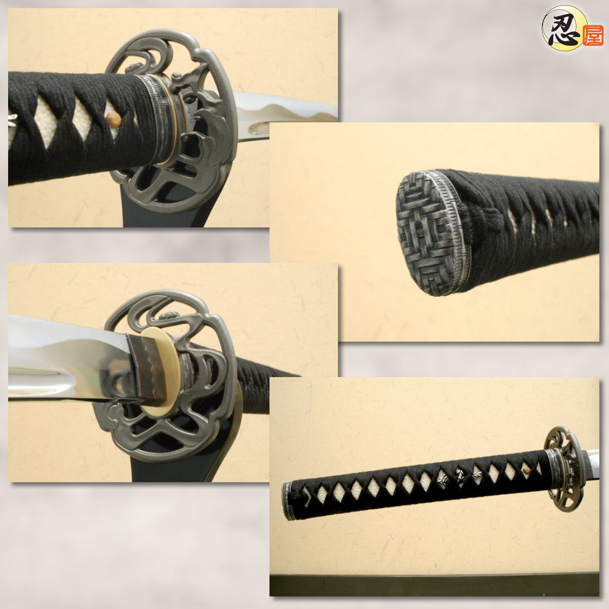 即納品 居合練習刀 入門用 網代拵え 柳生透し 2尺4寸5分 黒呂鞘 刀袋付-商品画像