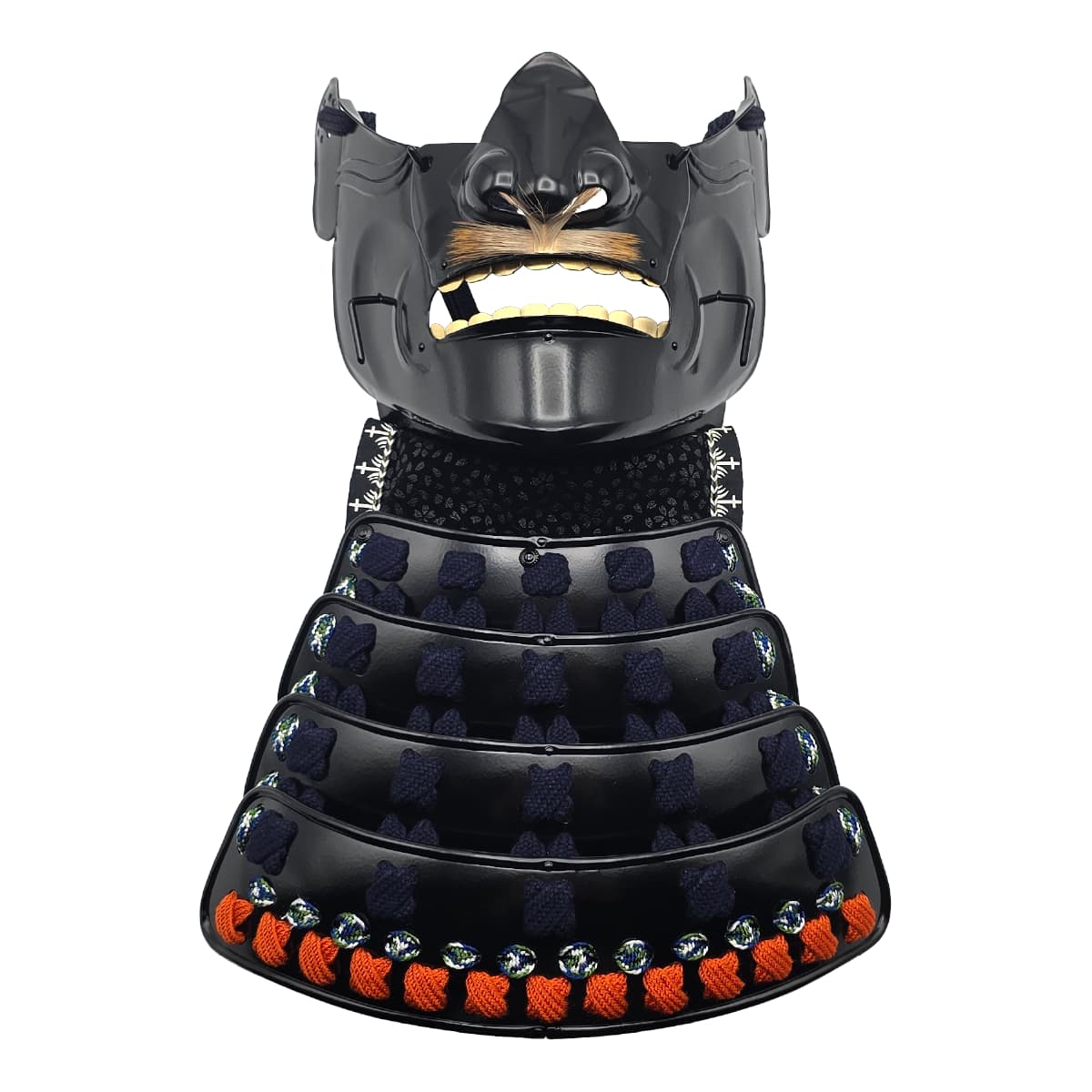 即納品 景光甲冑工房作 鉄製 面頬（めんぽお）黒   [ 日本製 甲冑 面具 烈勢面 鉄仮面 素懸け威し 髭 下頬 ]-商品画像