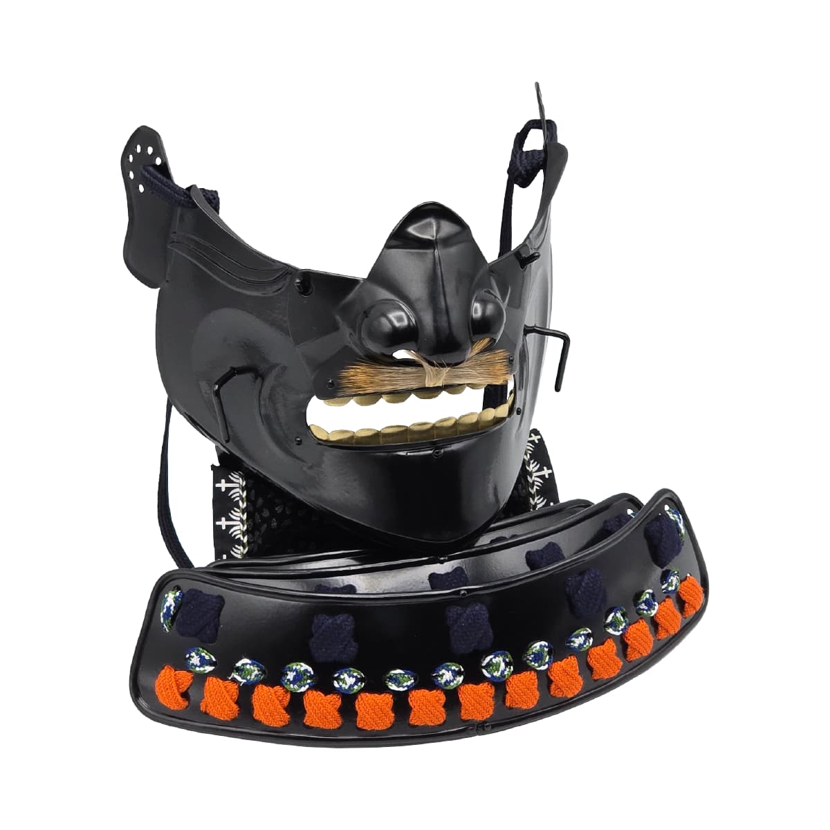 即納品 景光甲冑工房作 鉄製 面頬（めんぽお）黒   [ 日本製 甲冑 面具 烈勢面 鉄仮面 素懸け威し 髭 下頬 ]-商品画像