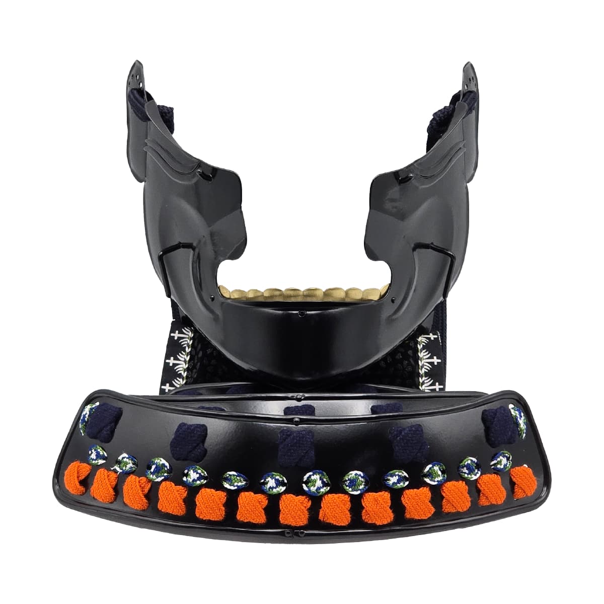 即納品 景光甲冑工房作 鉄製 面頬（めんぽお）黒   [ 日本製 甲冑 面具 烈勢面 鉄仮面 素懸け威し 髭 下頬 ]-商品画像