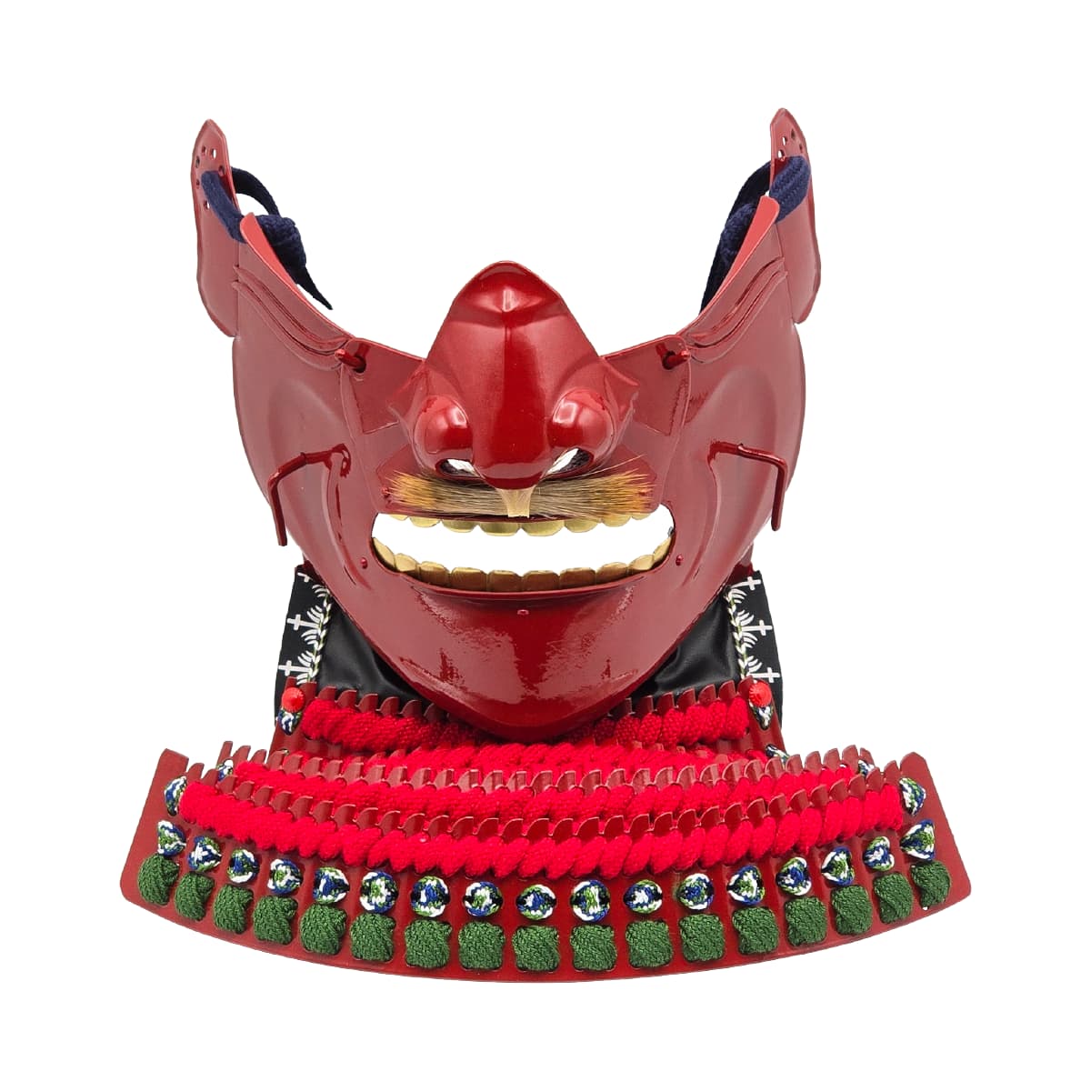 即納品 景光甲冑工房作 鉄製 面頬（めんぽお）赤   [ 日本製 甲冑 面具 烈勢面 鉄仮面 素懸け威し 髭 下頬 ]-商品画像