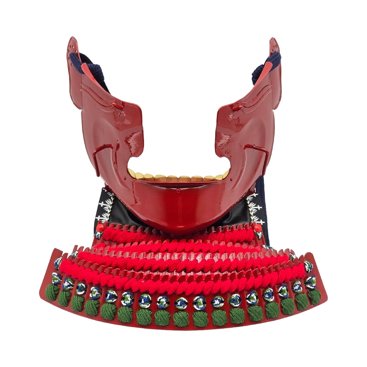 即納品 景光甲冑工房作 鉄製 面頬（めんぽお）赤   [ 日本製 甲冑 面具 烈勢面 鉄仮面 素懸け威し 髭 下頬 ]-商品画像