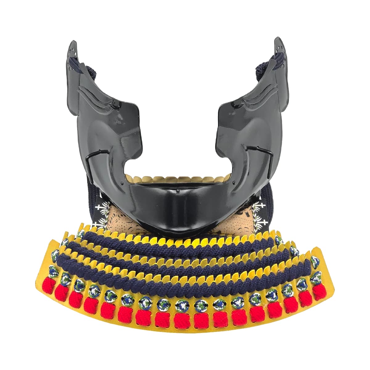 即納品 景光甲冑工房作 鉄製 面頬（めんぽお）黒・金  [ 日本製 甲冑 面具 烈勢面 鉄仮面 素懸け威し 髭 下頬 ]-商品画像