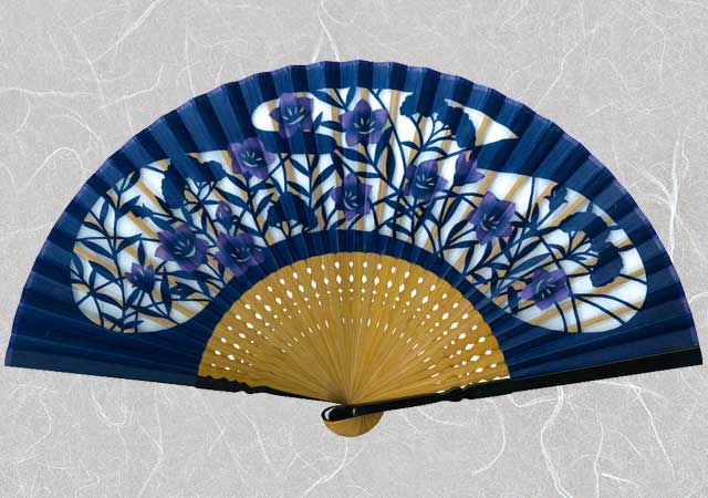 婦人布扇子 花額透かし 桔梗 紺 扇子箱付-商品画像