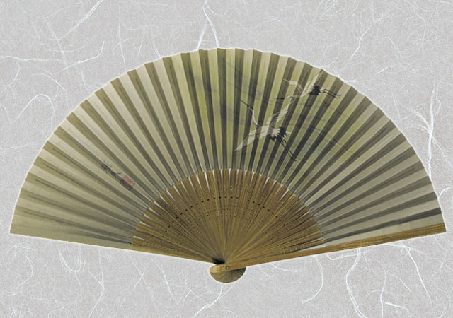 紳士紙扇子 絹張風 鶴 唐木 扇子箱付-商品画像