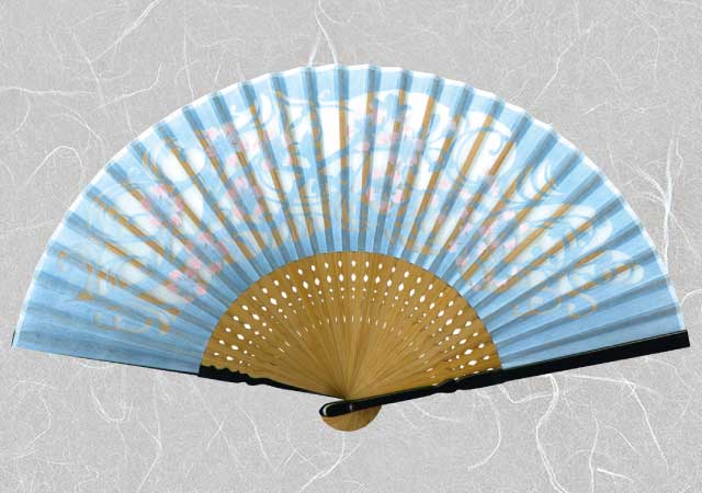 婦人布扇子 花額透かし 桜 水色 扇子箱付-商品画像