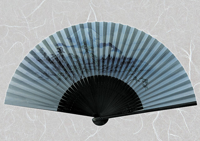 紳士紙扇子 絹張風 富士山 黒 扇子箱付-商品画像