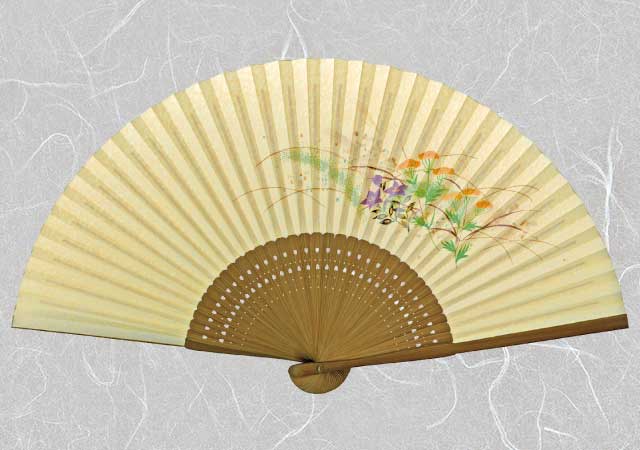 婦人紙扇子 春雨風 黄地 秋草 扇子箱付-商品画像
