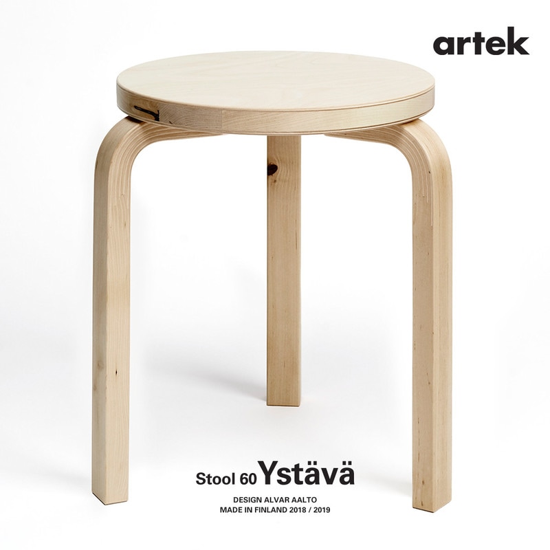 ノベルティ付き【アルテック Artek 】 artek Stool 60 “Ystava” / スツール 60 <br>ウスタヴァ STOOL 60　ノベルティ キルシカンクッカ 手ぬぐい 3本脚 バーチ材 特別仕様（節あり 未選定） スタッキング 3本足 アルヴァ アアルト【RCP】