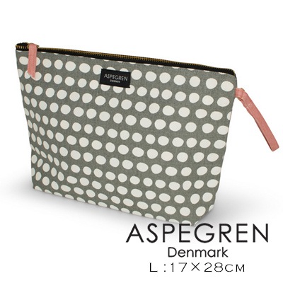 Aspegren アスペグレン ドットポーチ グレー Lサイズ<br>PVCコーディング/綿/インド/小物入れ/化粧品【コンビニ受取対応商品】【RCP】