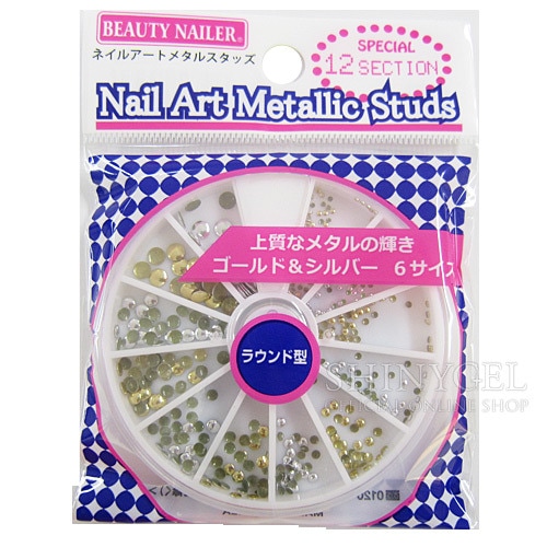 BEAUTY NAILER（ビューティーネイラー）：ネイルアート メタルスタッズ（6サイズ入り） NAA-43 ラウンド型（ゴールド＆シルバー）