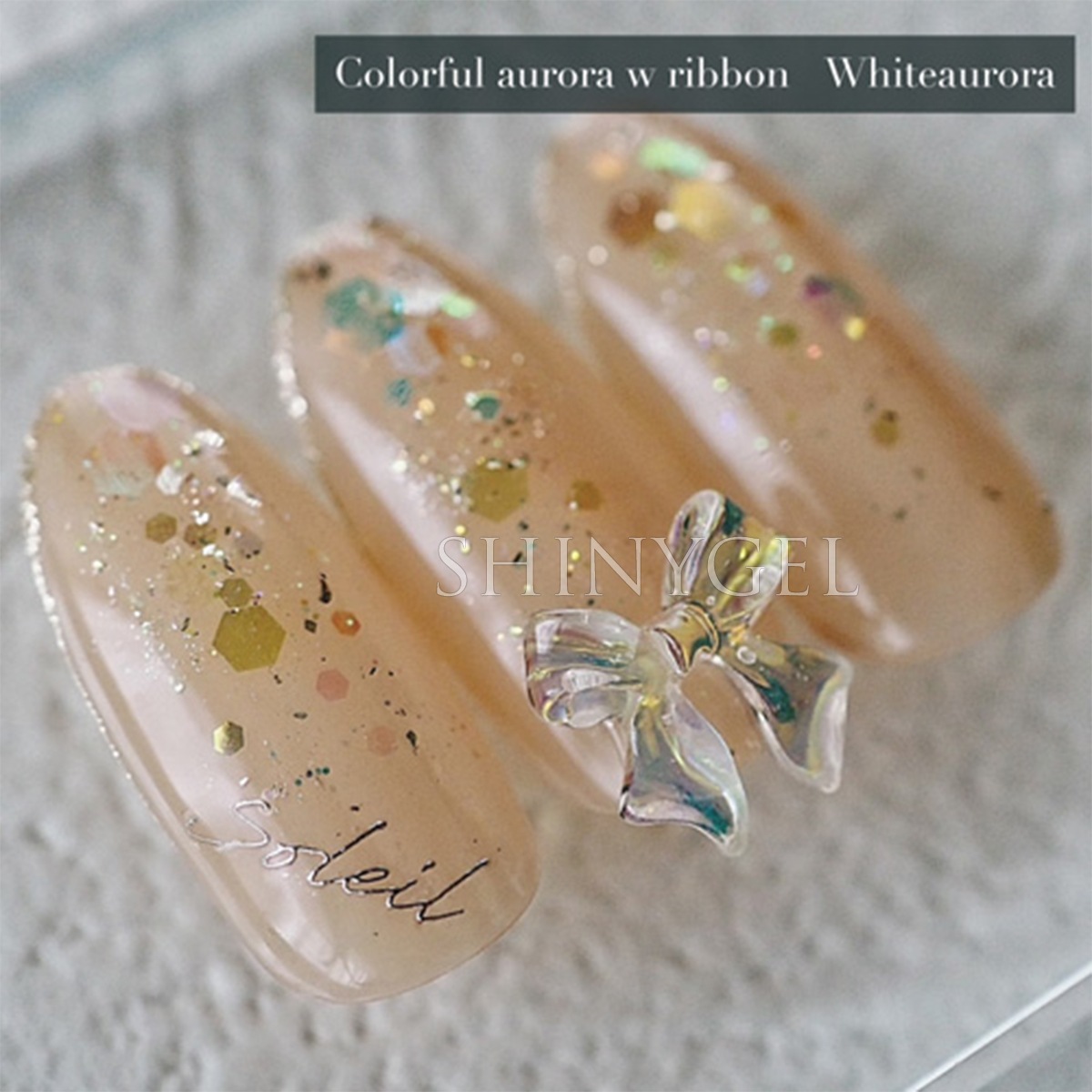 カラフルオーロラ Wリボン ホワイトオーロラ 約10x11mm／5個入