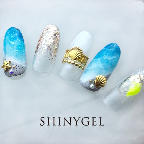 シーサイドブルー♡サマーネイル | ネイルアートデザイン | SHINYGEL