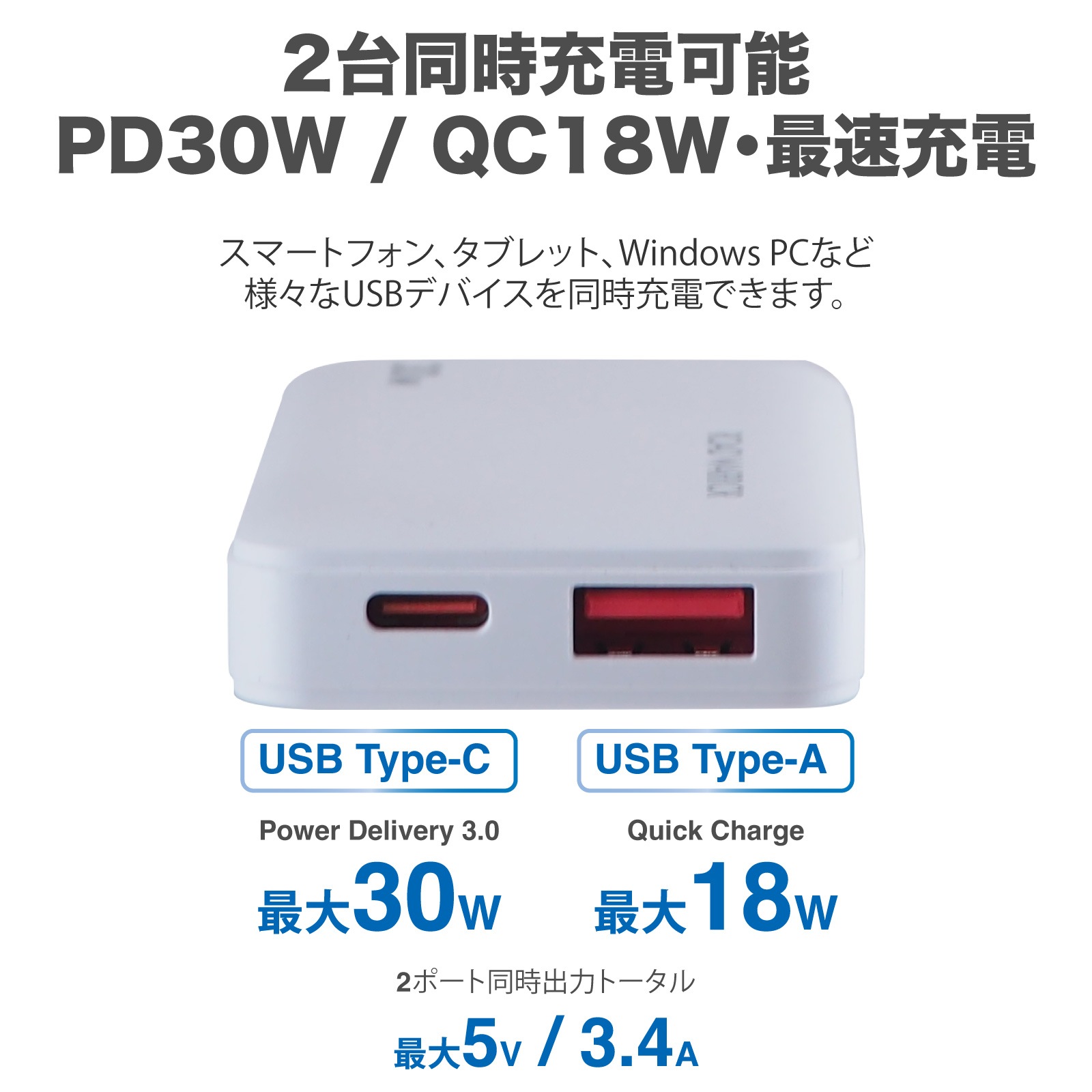 RWG133 USB PD30W 充電器 薄型 軽量 2ポート USB-C USB-A 急速充電 PSE GaNテクノロジー PPS規格 折りたたみ PD Power Delivery QC Quick Charge コンパクト 薄い コンセント usb充電 pse pse認証 小さい 小型 同時充電 [ROAD WARRIOR]