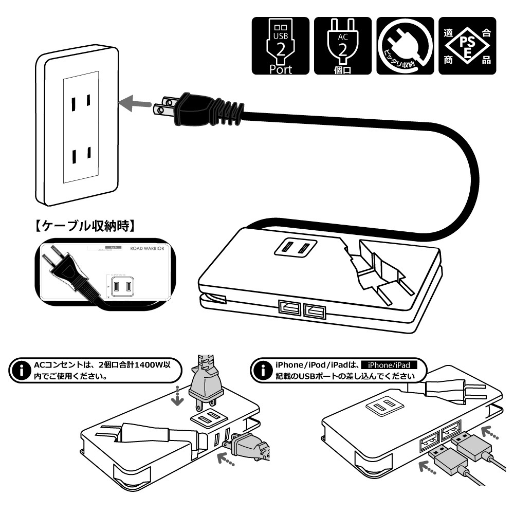 RWG112 モバイル USB + AC タップ [ROAD WARRIOR]