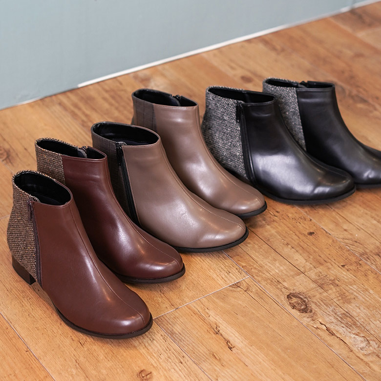 ショートブーツ バイカラー ツイード 幅広 柔らか 3cmヒール