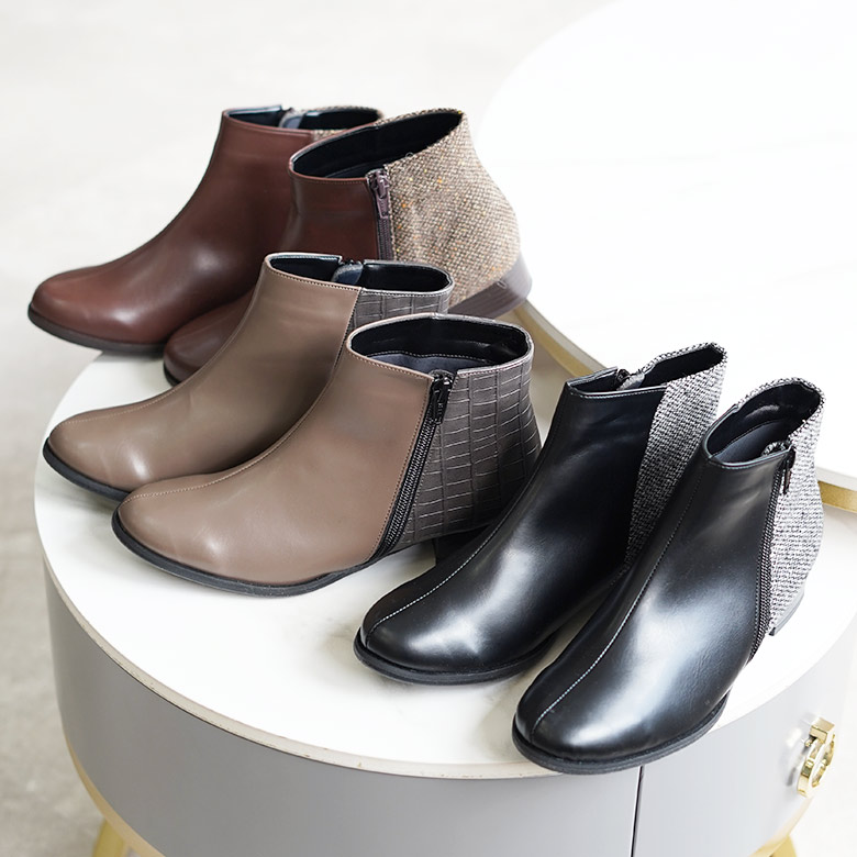 ショートブーツ バイカラー ツイード 幅広 柔らか 3cmヒール