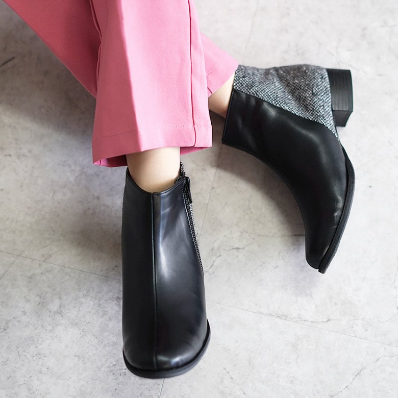 ショートブーツ バイカラー ツイード 幅広 柔らか 3cmヒール