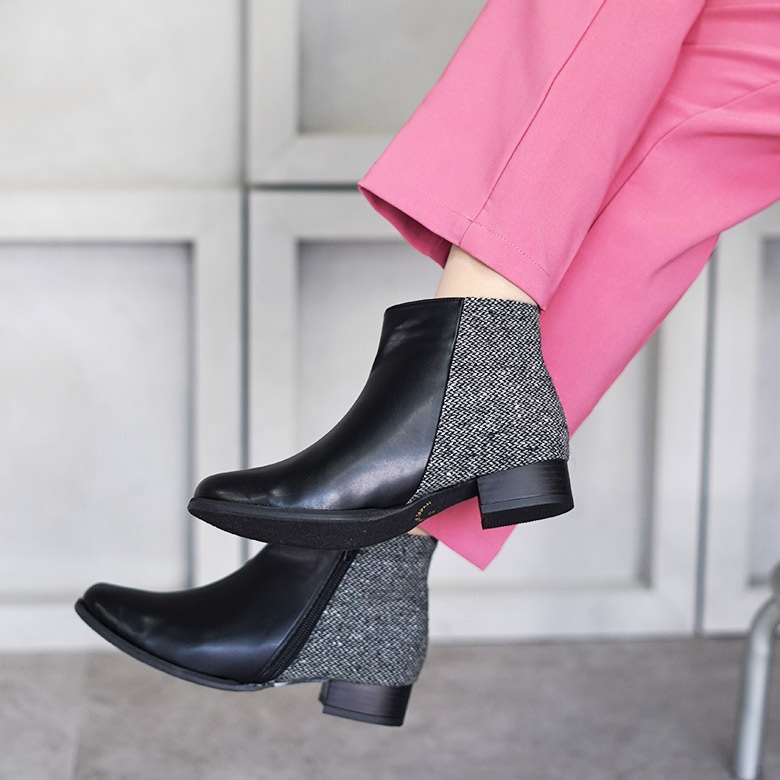 ショートブーツ バイカラー ツイード 幅広 柔らか 3cmヒール