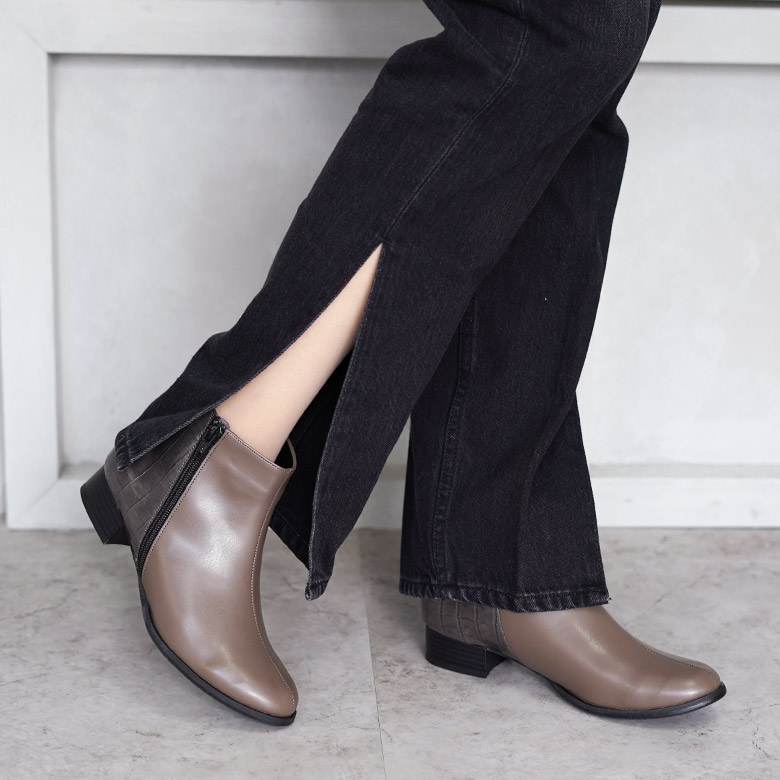 ショートブーツ バイカラー ツイード 幅広 柔らか 3cmヒール ショートブーツ バイカラー ツイード 幅広 柔らか 3cmヒール