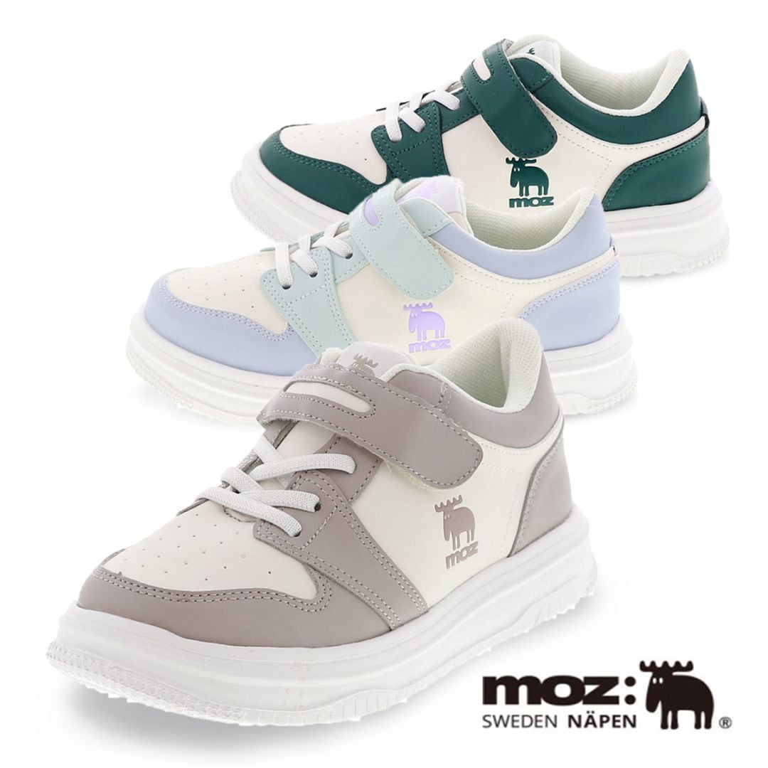 モズ MOZ 25101 キッズスニーカー ジュニアシューズ 子供靴 運動靴 履きやすい 軽い ベルクロベルト ゴム紐  オーク/グリーン/ブルー