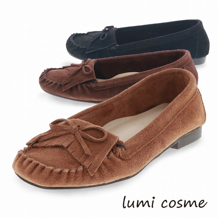 レディース モカシン シューズ リボン スエード レザー フラット オリジナル 日本製 lumi Cosme 294-2092 ダークブラウン/キャメル/ブラック