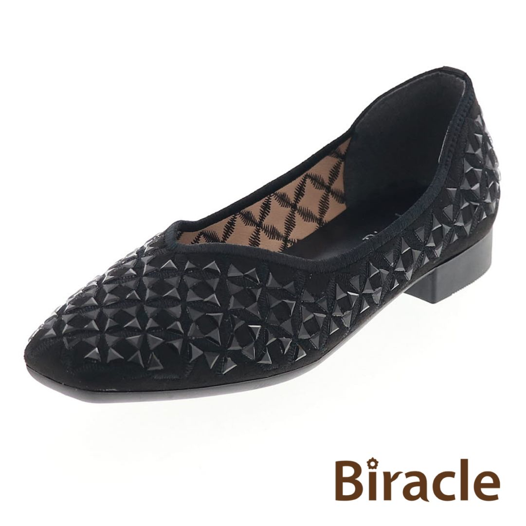 レディース パンプス スタッズシューズ スクエアトゥ 3E幅 歩きやすい ローヒール オリジナル 日本製 Biracle BRUS 7771 ブラック 通勤 オフィス ビジネス