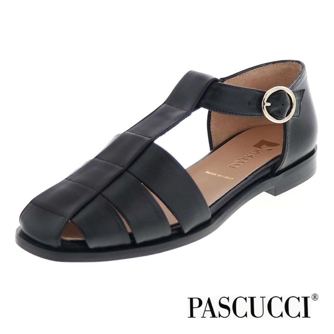 PASCUCCI パスクッチ グルカサンダル ストラップ 7510 レディース コンフォート サンダル レザー 歩きやすい 靴 ローヒール イタリア製 ブラック 黒
