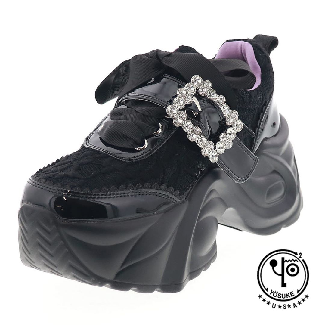 YOSUKE U.S.A ヨースケ 4450083 レディース 厚底 スニーカー カジュアルシューズ BLC ブラックコンビ キラキラ バックル リボン ジップ付き 8cmヒール 3E幅