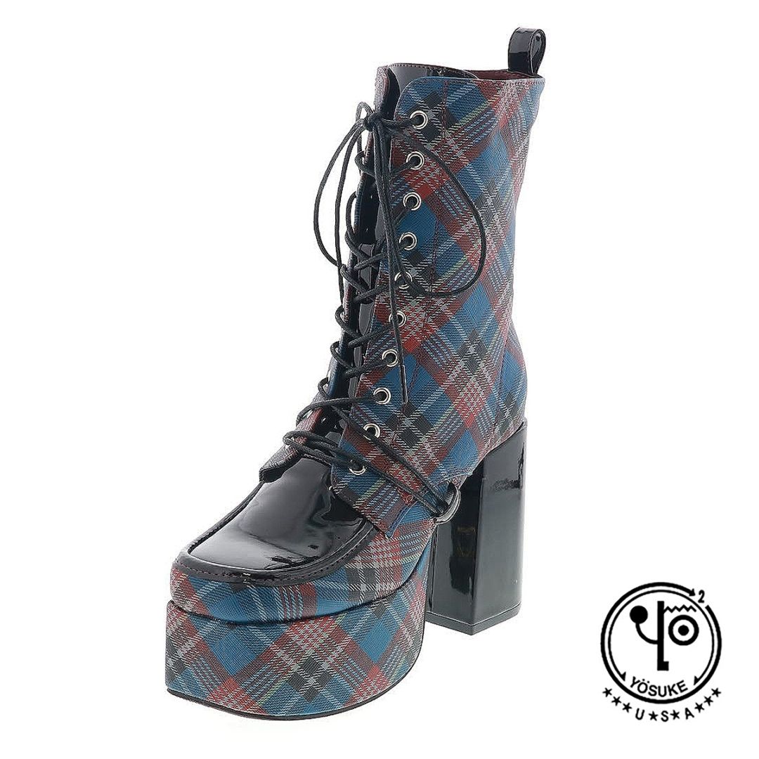 YOSUKE U.S.A ヨースケ 2820059 レディース 厚底 レースアップ ブーツ チャンキーヒール ジップ付き NV/C ネイビーコンビ 10cmヒール 3E幅