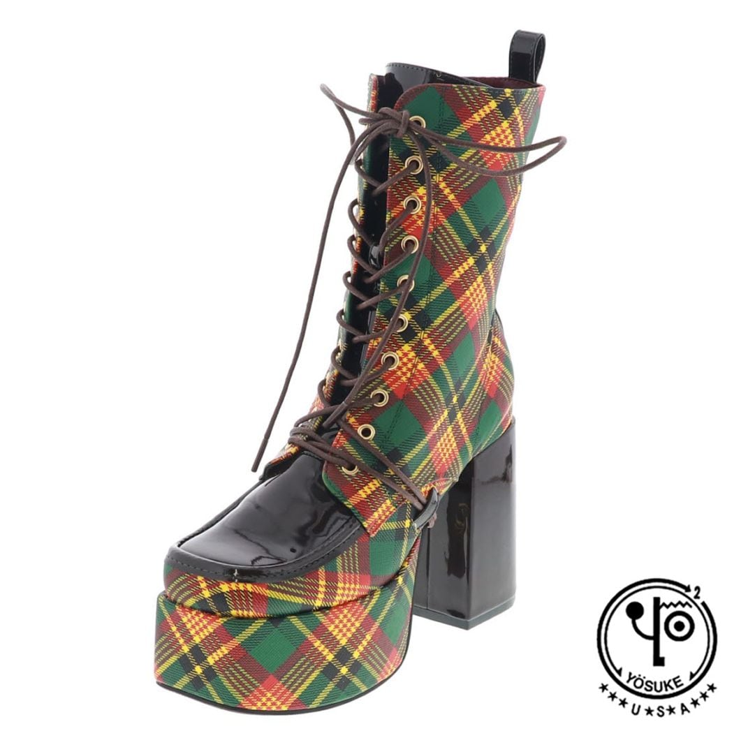 YOSUKE U.S.A ヨースケ 2820059 レディース 厚底 レースアップ ブーツ チャンキーヒール ジップ付き GR/C グリーンコンビ 10cmヒール 3E幅
