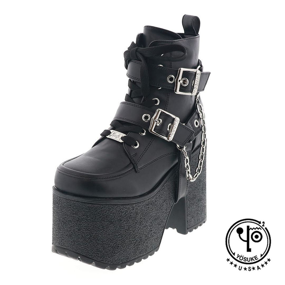 YOSUKE U.S.A ヨースケ 4460118 レディース 厚底 ブーツ レースアップ ジップアップ BL ブラック 12cmヒール 3E幅 取り外し可 チェーンベルト付き