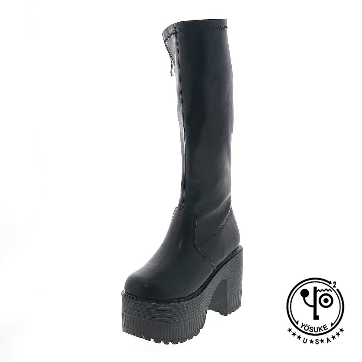 YOSUKE U.S.A ヨースケ 2605017 レディース 厚底 ロングブーツ ジップ付き ロングブーツ チャンキーヒール BL ブラック 9.5cmヒール 3E幅