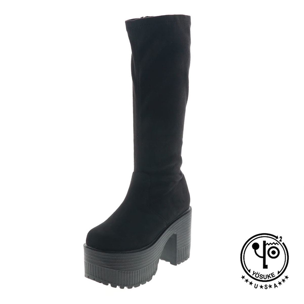 YOSUKE U.S.A ヨースケ 2605017 レディース 厚底 ロングブーツ ジップ付き ロングブーツ チャンキーヒール BLS ブラックシルキー 9.5cmヒール 3E幅
