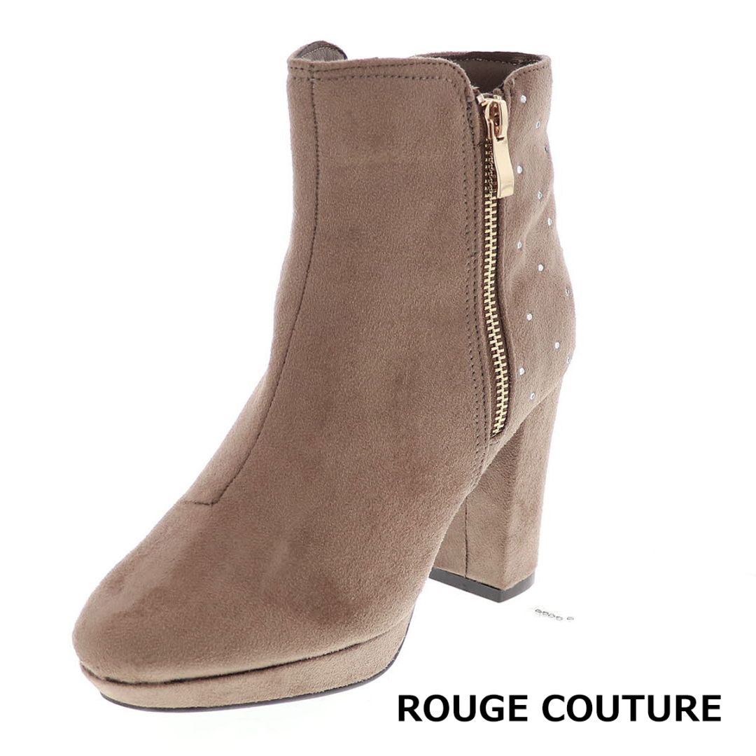 レディース ブーツ 厚底ブーツ 美脚 足長効果 ヒール8.5cm ラインストーン サイドジップ オリジナル ルージュ クチュール RC 79648 グレージュスエード